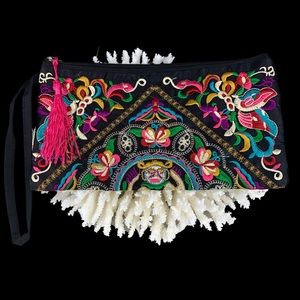 Colorful Floral Embroidered Pink Tassel Wristlet